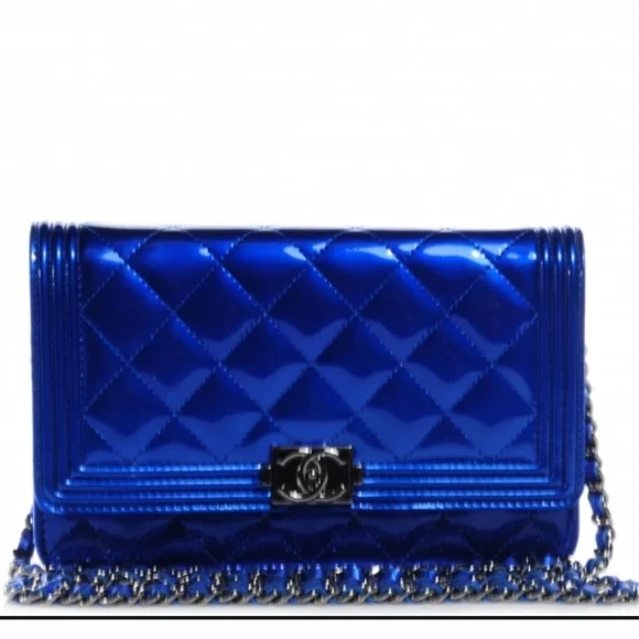 CHANEL Metallic Patent Quilted Boy Wallet On Chain WOC Blue - Picture 1 of 7
